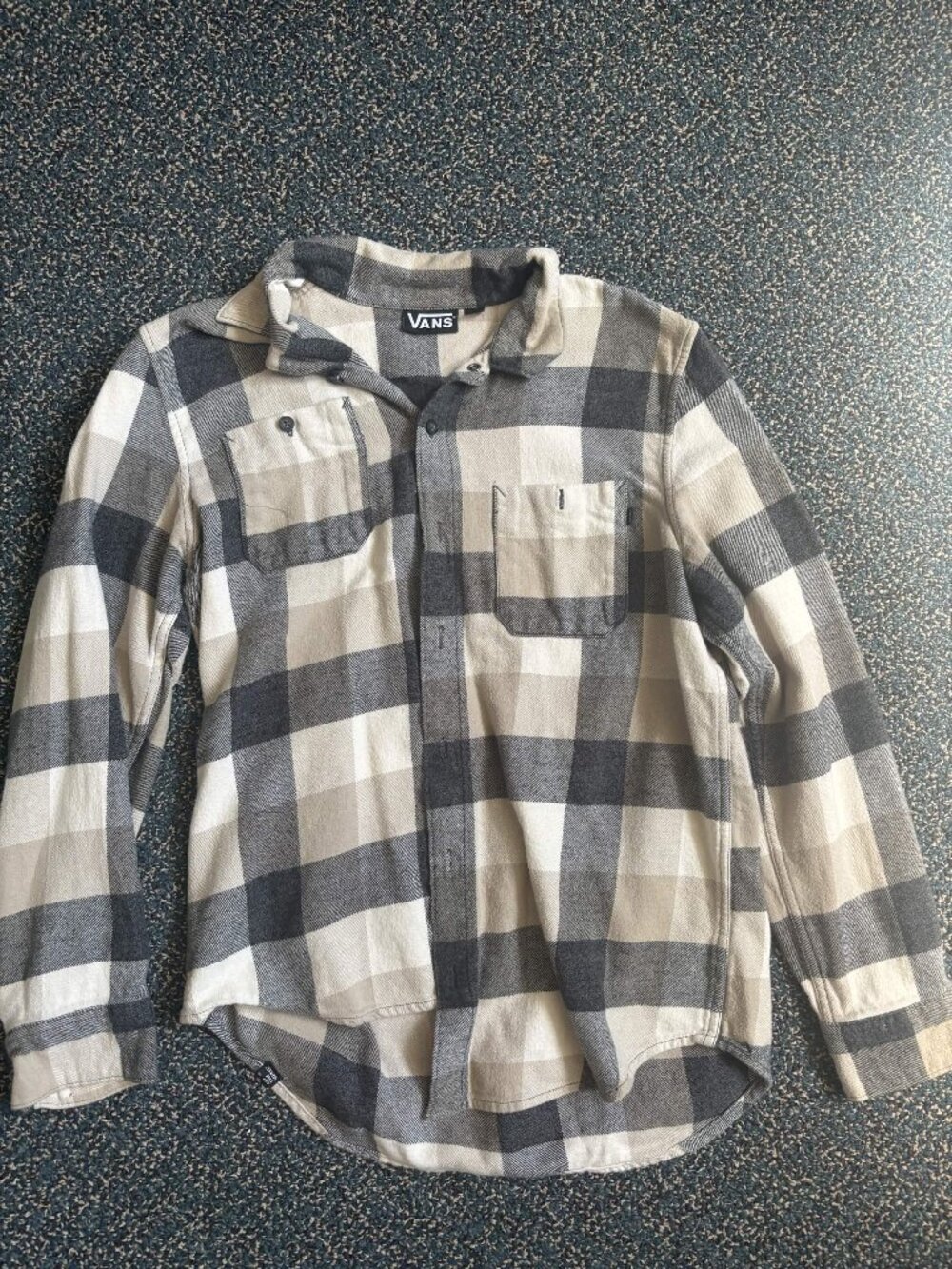 Vans Mens Flannel Shirt Long Sleeve Plaid Button Down Gray Beige Black Size S
